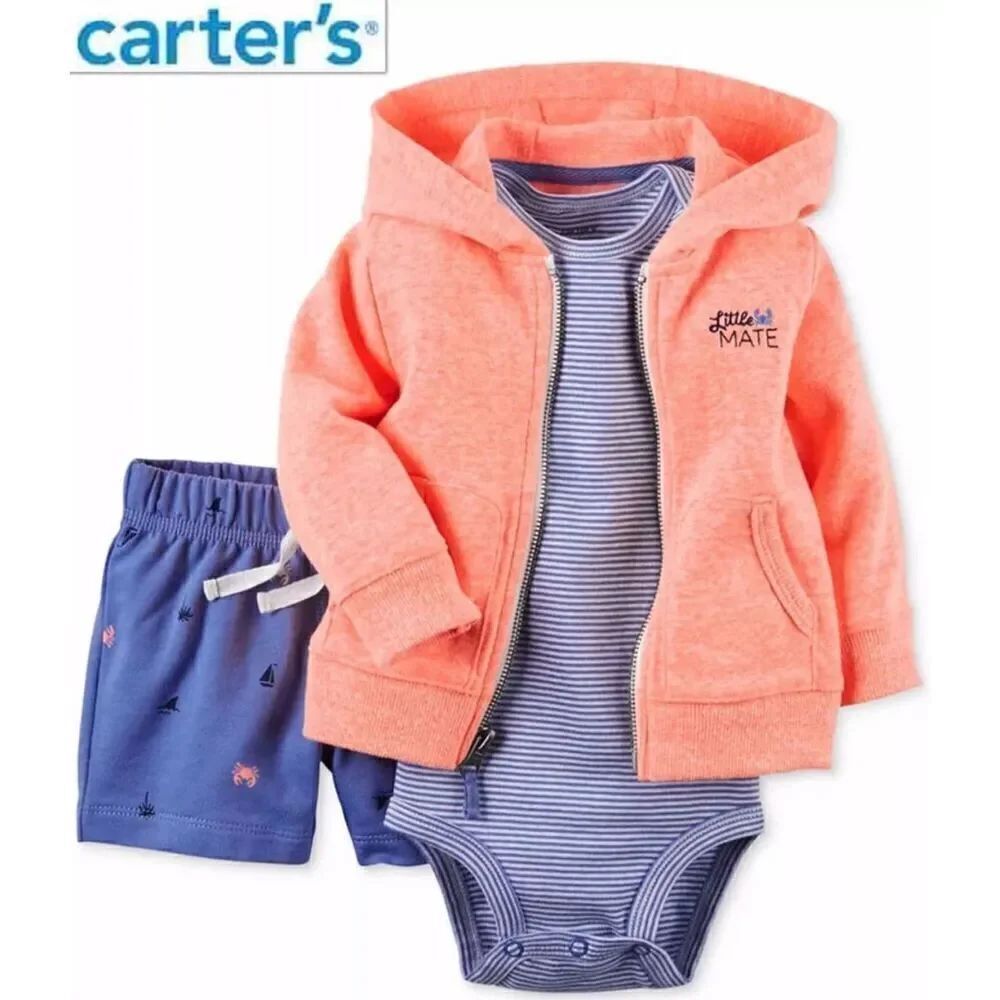 NWT 24 Months Carter's Boy's/ Girl's Orange Blue 3-Pc Hoodie Bodysuit Shorts Set